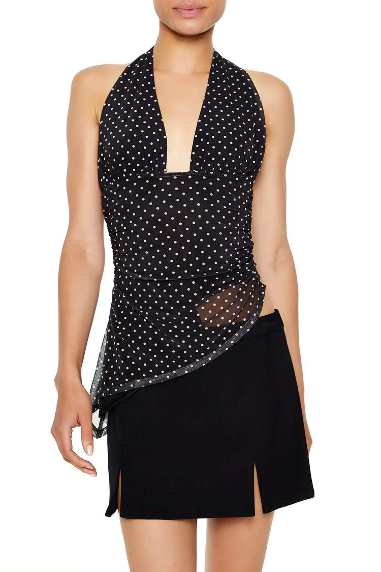 Women's Mesh Polka Dot Halter Top in Black Small | Forever 21