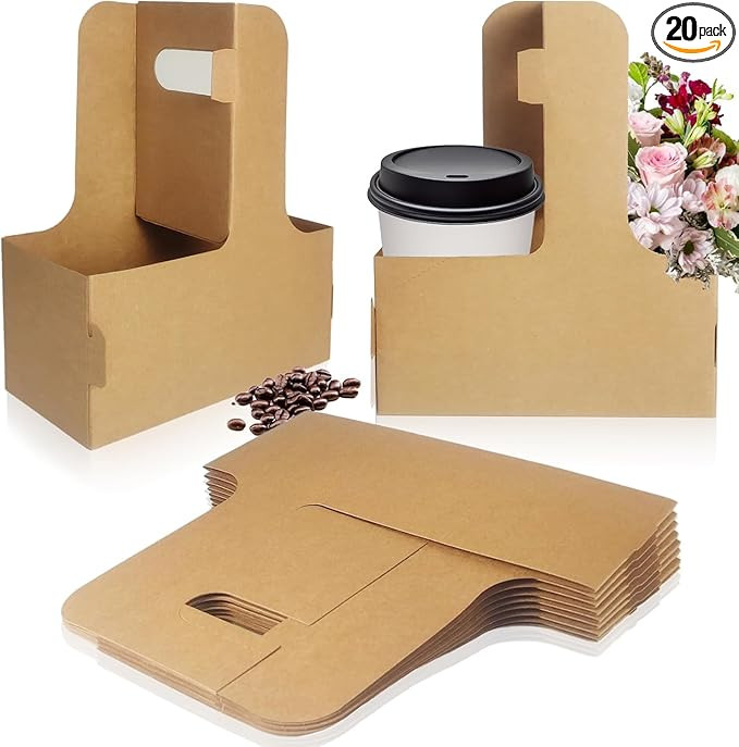 2 Cup Disposable Drink Carrier with Handle, Brown Cardboard Cup Holder, Cup Carriers for Drinks, ... | Amazon (US)