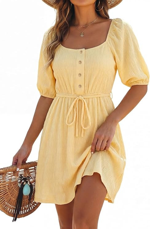 Dokotoo Women's Square Neck Puff Sleeve Dress Casual Summer A-Line Mini Dress with Belt | Amazon (US)