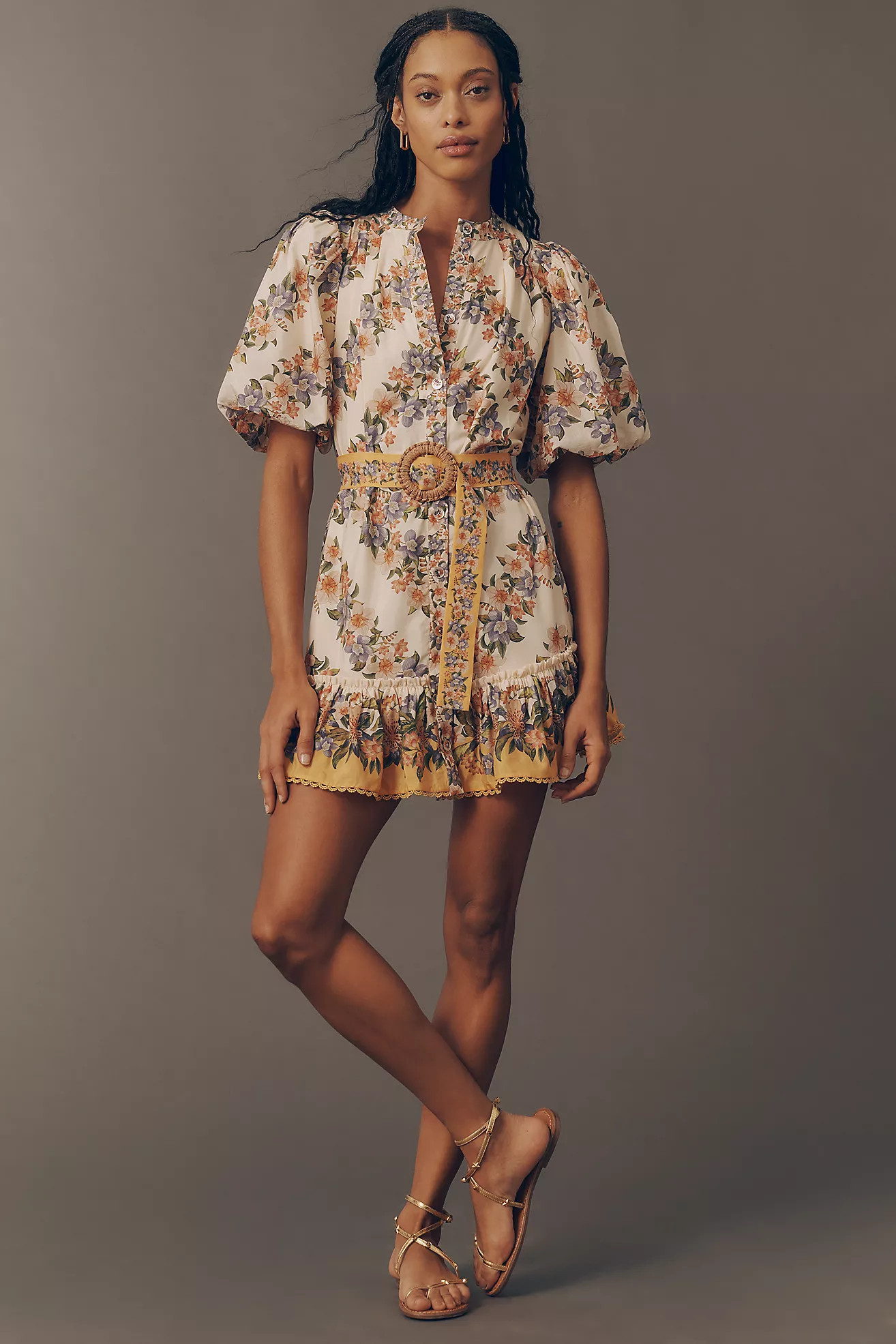 Farm Rio Sand Hilo Belted Short-Sleeve Mini Dress | Anthropologie (US)