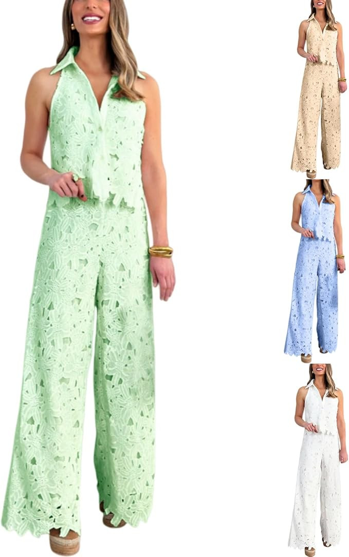 Lace Two Piece Outfits for Women Hollow Out Lace Floral Laces Vest and Wide Leg Pants Set Sleevel... | Amazon (US)