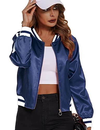 Zeagoo Women's Bomber Jacket Casual Coat Solid Striped Biker Jacket Zip Up Outerwear Windbreaker Navy Blue X-Small | Amazon (US)