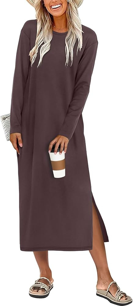 ANRABESS Long Sleeve Midi Dresses for Women Fall Fashion Casual Vacation Crewneck Loose Split Str... | Amazon (US)