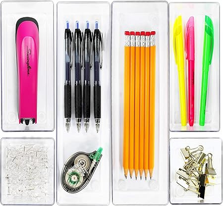 6 Pack - Simple Houseware Clear Plastic Desk Drawer Organizers | Amazon (US)