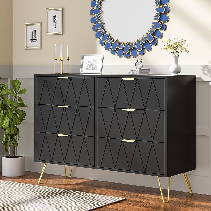 ANBUY 6 Drawer Double Dresser, Dual Chest of Drawers Modern Dresser for Bedroom with Gold Handles... | Amazon (US)