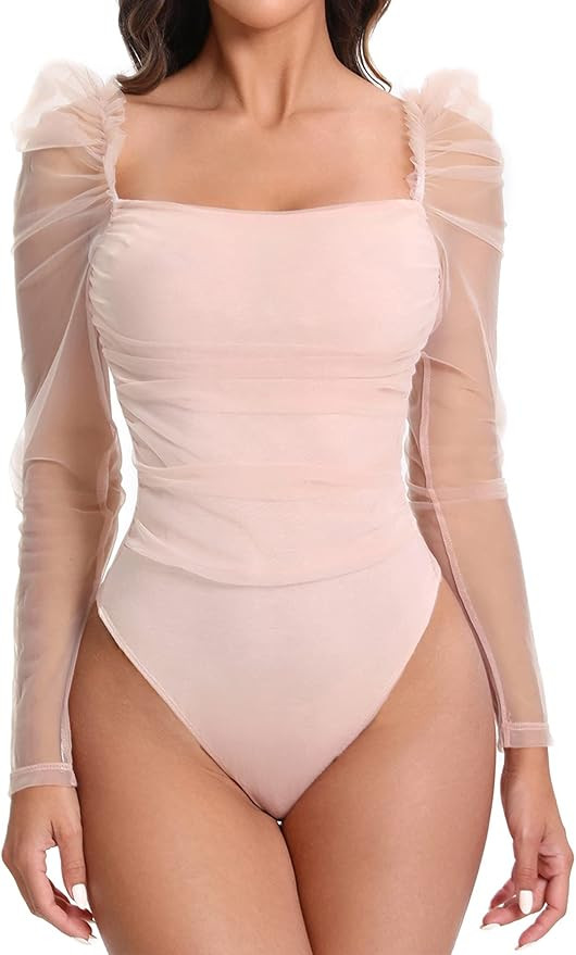 Floerns Women's Puff Sleeve Square Neck Mesh Surplice Ruched Bodysuit Tops Jumpsuits | Amazon (US)