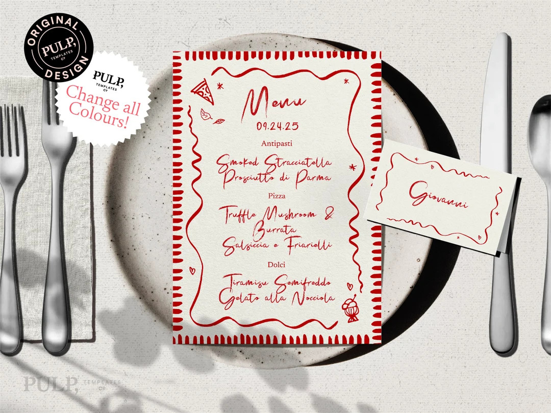MENU + PLACE CARD Template | Rehearsal Dinner | Italian Pizza Party | Hand drawn & Handwritten do... | Etsy (US)