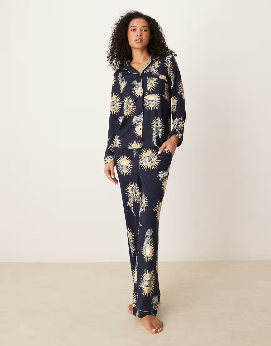 Chelsea Peers poly long sleeve camp collar pajama set in sun and zebra print-Navy | ASOS (Global)