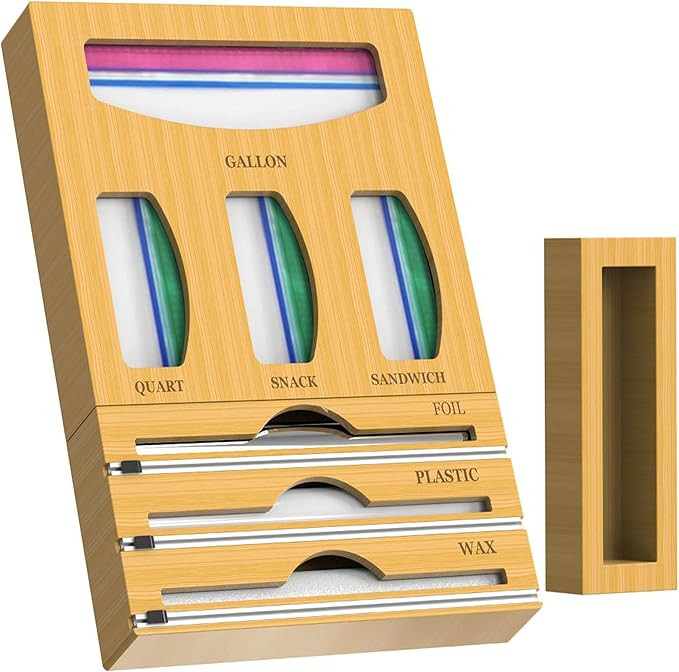 Bamboo Foil and Plastic Wrap Organizer, storage bag organizer for kitchen drawer, Food Storage Ba... | Amazon (US)