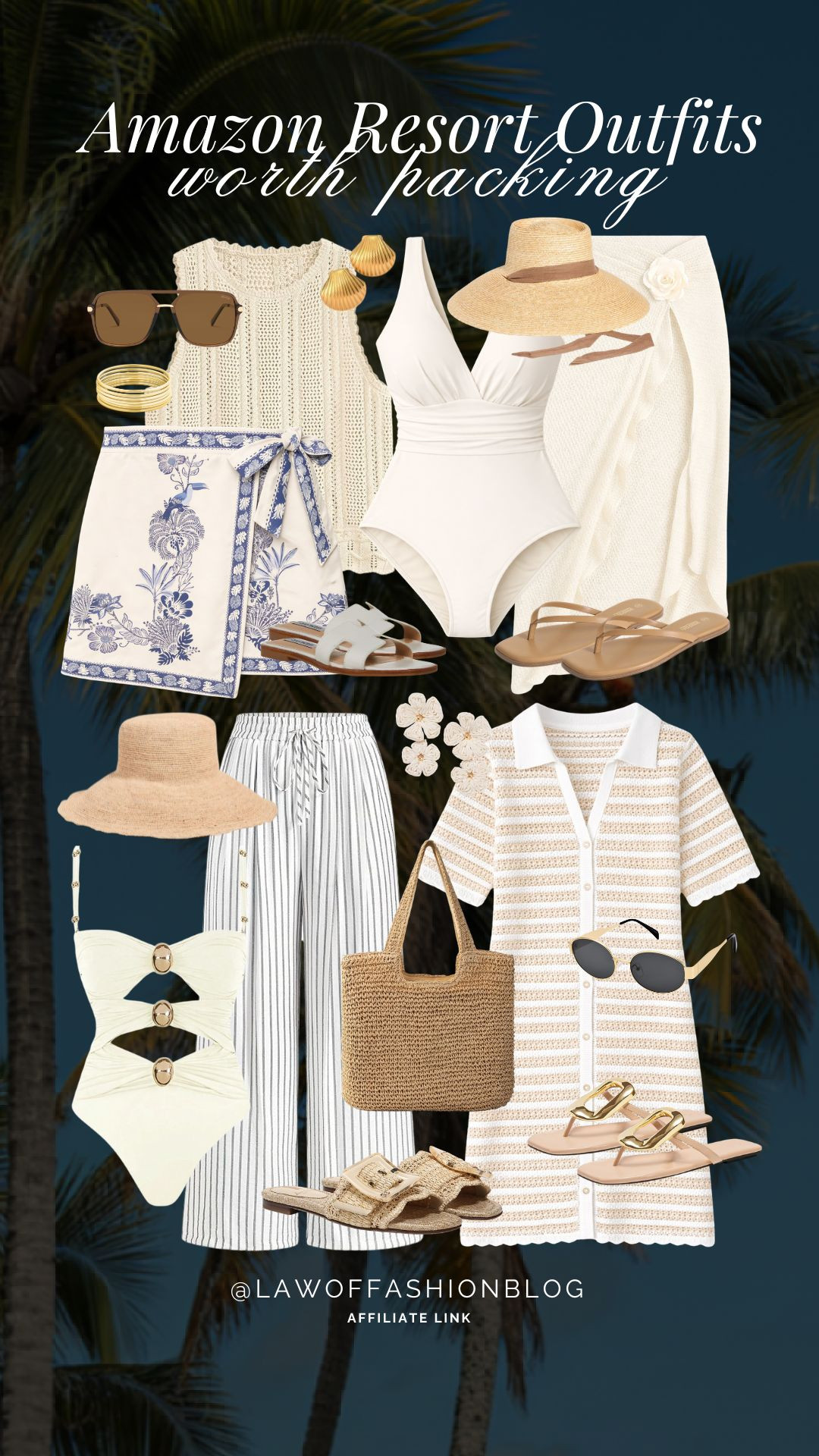 Amazon resort outfits that are perfect for beach vacations! 🐚✨ Tropical getaways, and summer travel. This look includes a neutral one piece swimsuit, crochet cover up dress, wrap sarong skirt, striped vacation pants, woven tote bag, straw hat, beach sandals, and chic summer accessories. Affordable Amazon fashion pieces that create effortless resort wear outfits for your next beach trip. 

 #LTKootd #LTKSwim #LTKTravel