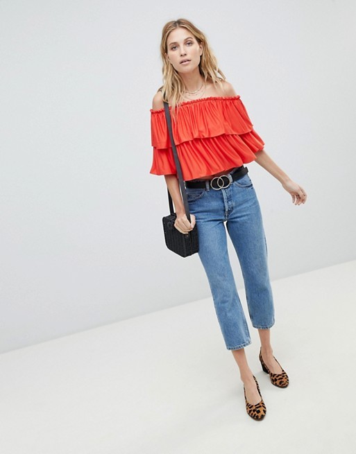 ASOS DESIGN Off Shoulder Crop Top With Slinky Ruffle | ASOS US
