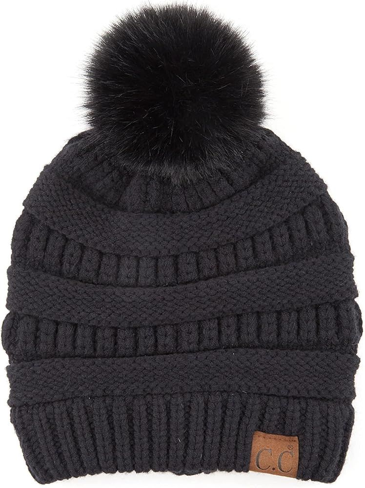 Funky Junque Soft Yarn Pom Solid Ribbed Beanie Cable Knit Skull Cap with Faux Fur Pom Pom | Amazon (US)