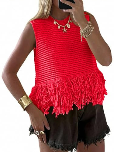 Saodimallsu Womens Crochet Crop Tank Tops Sleeveless Fringe Crew Neck Trendy Boho Knit Summer Swe... | Amazon (US)