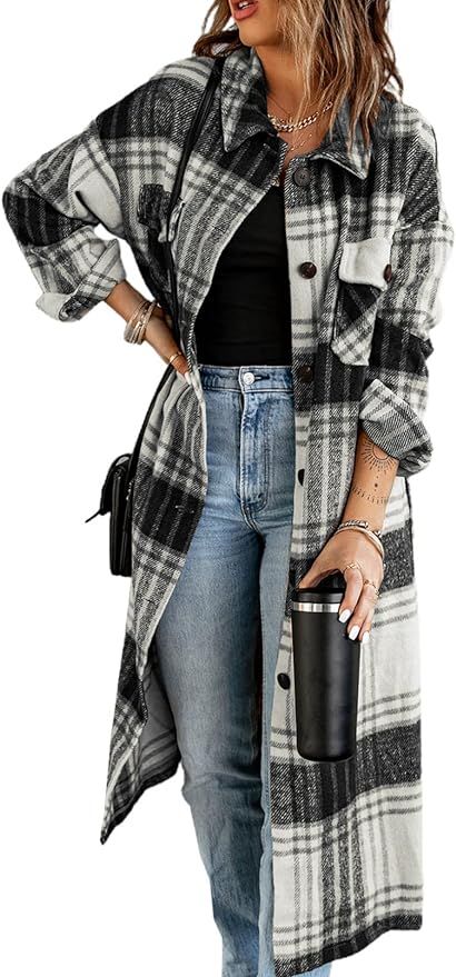 SHEWIN Women's Casual Lapel Button Down Long Plaid Shirts Coat Tartan Shacket Jacket | Amazon (US)