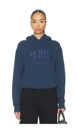 ANINE BING Debbie Shrunken Hoodie Paris in Navy. - size S | Revolve Clothing (Global)