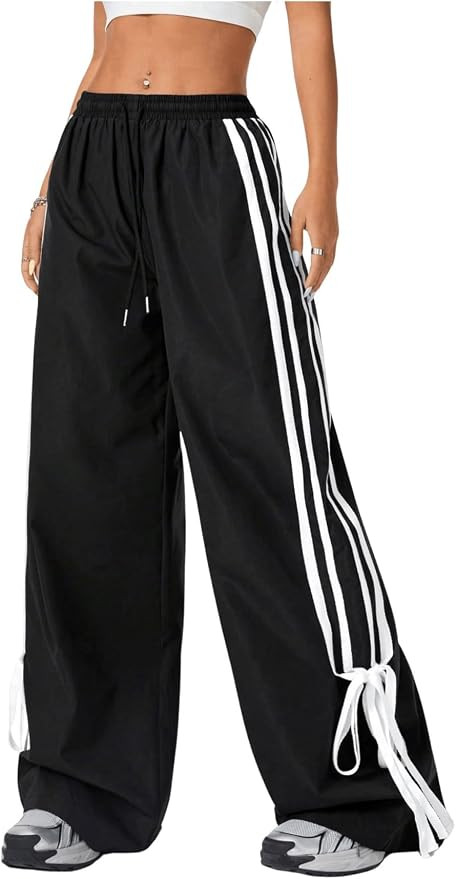 WDIRARA Women's Side Striped Bowknot Track Streetwear Pant Drawstring Waist Wide Leg Long Pants W... | Amazon (CA)