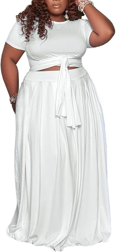 Ophestin Womens Plus Size 2 Piece Dress Outfits Solid Color Crop Top Maxi Skirts Set | Amazon (US)