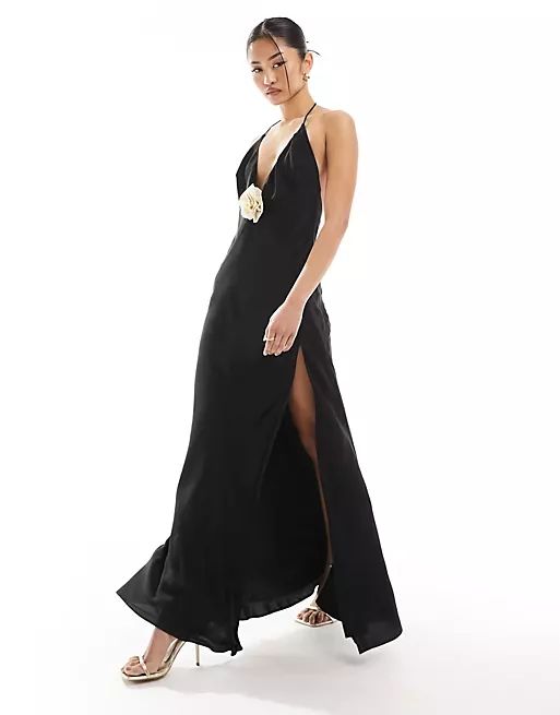Bardot corsage halter maxi dress in black | ASOS (Global)