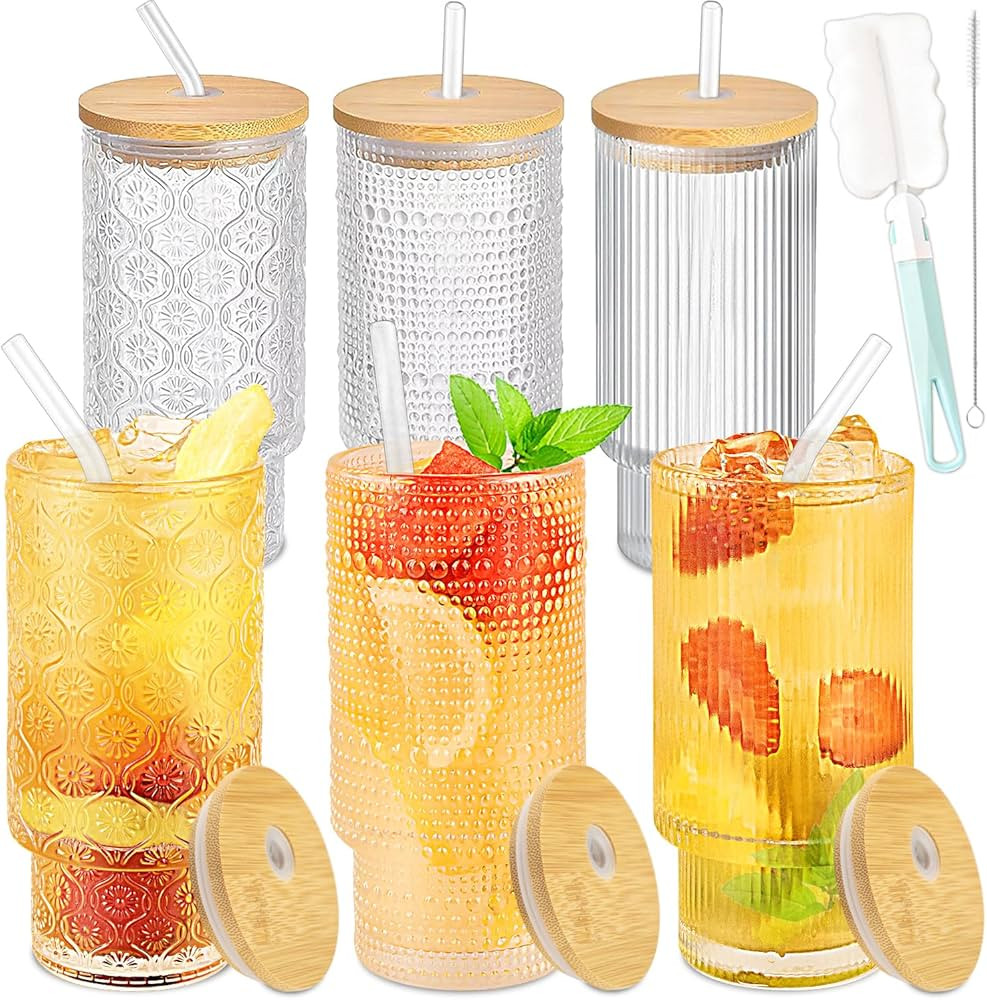 Gusnilo 6 Pcs Set 11oz Glass Cups Drinking Glasses with Bamboo Lids and Straws,Stackable Glasses... | Amazon (US)