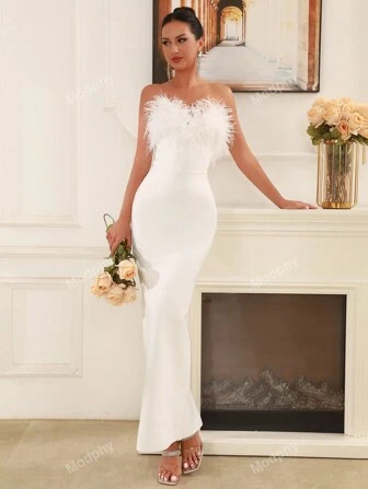 Modphy Women's Faux Feather Strapless Backless Bodycon Bandage Floor Length Evening Party Dress | SHEIN