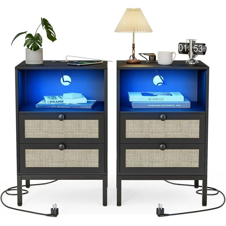 IKIFLY Rattan Nightstands Set of 2 with Charging Station & LED Lights, LED End Side Table with 2 ... | Walmart (US)