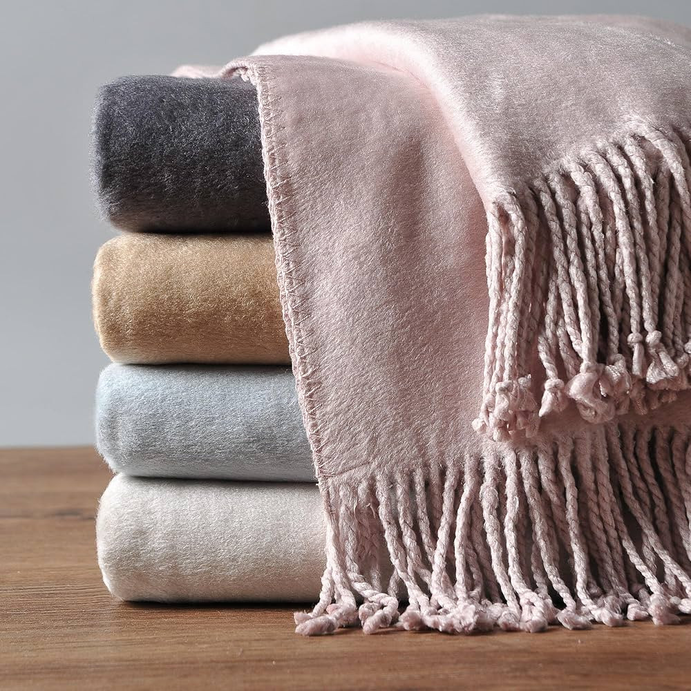 EP Mode Fringed Mulberry Silk Throw Blanket for Sofa (Cameo Pink) | Amazon (US)