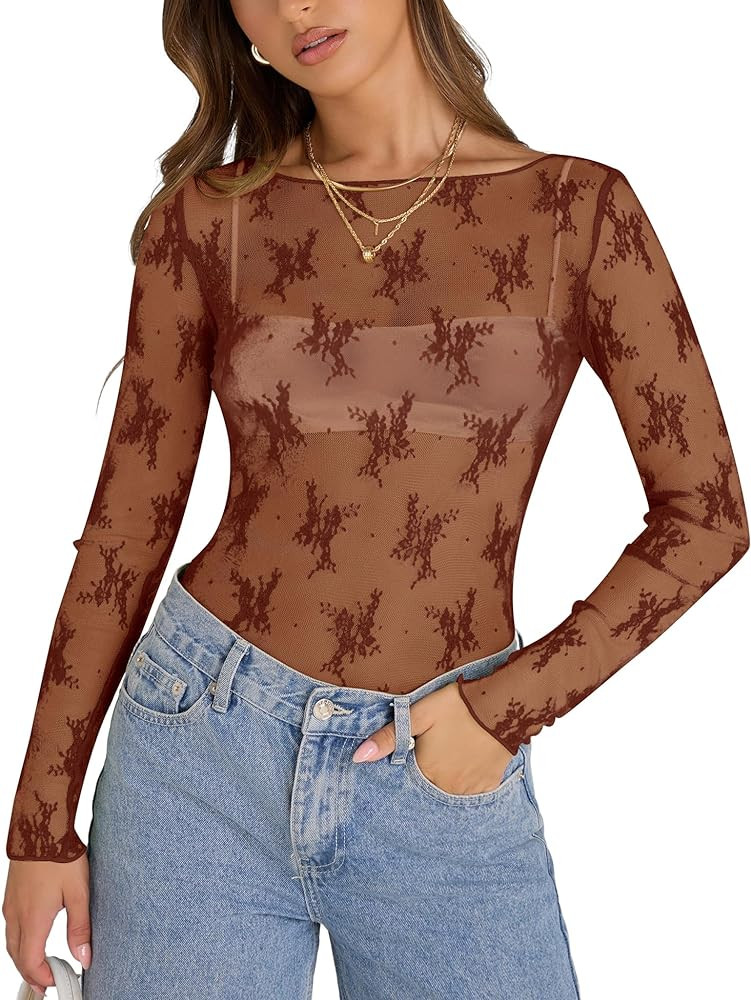 KTILG Womens Lace Long Sleeve Boat Neck Tops Sheer Blouse Sexy See Through Shirt Mesh Top S-XXL | Amazon (US)