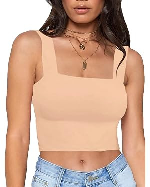 MISSACTIVER Women Summer Basic Crop Top Solid Sleeveless Stretch Crop Vest Square Neck Slim Crop ... | Amazon (US)
