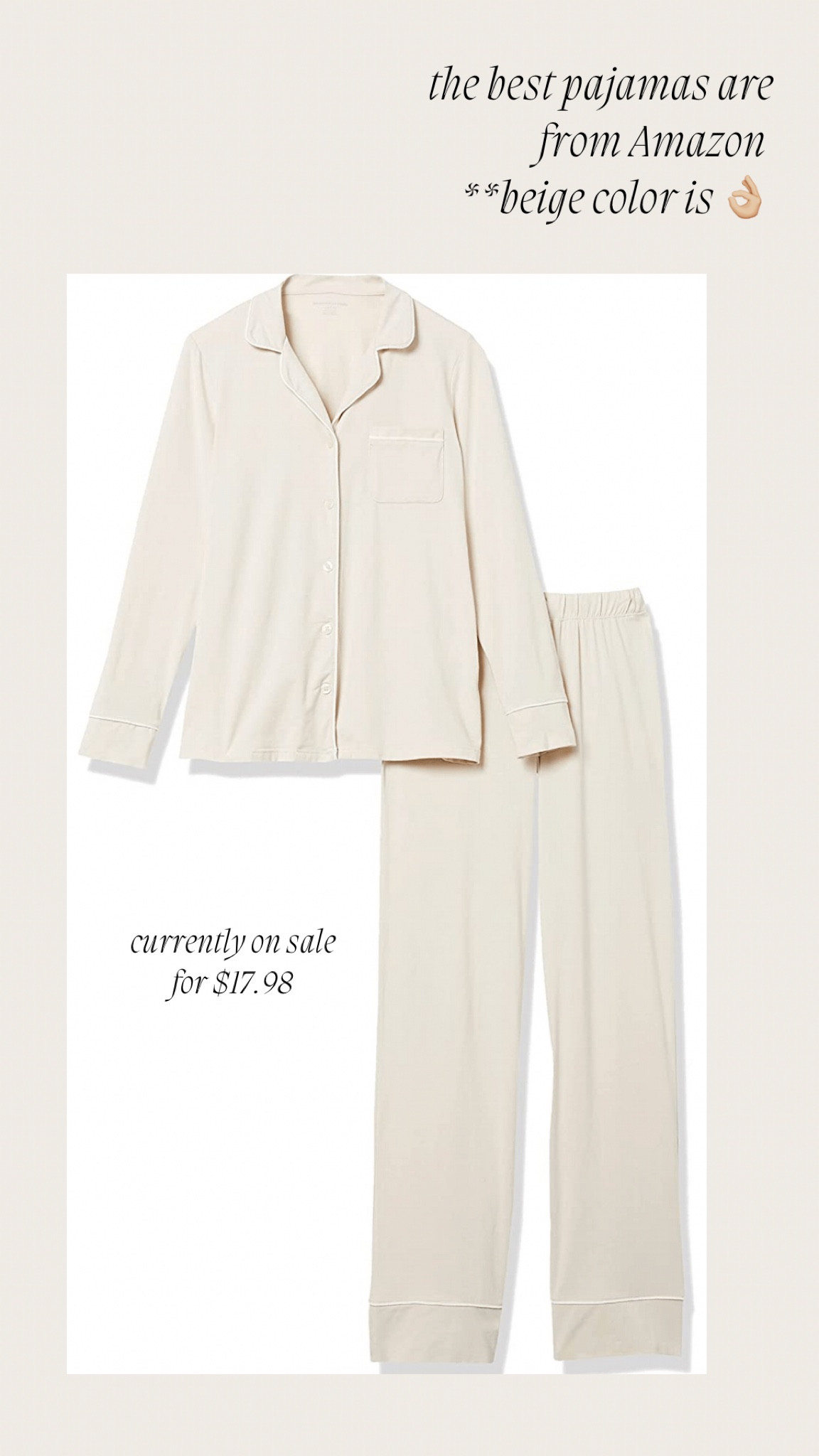 The best pajamas imo are from Amazon Essentials. Currently on sale for $17.98 and the beige color is 👌🏼 #amazonfinds 

#LTKGiftGuide #LTKsalealert #LTKFind