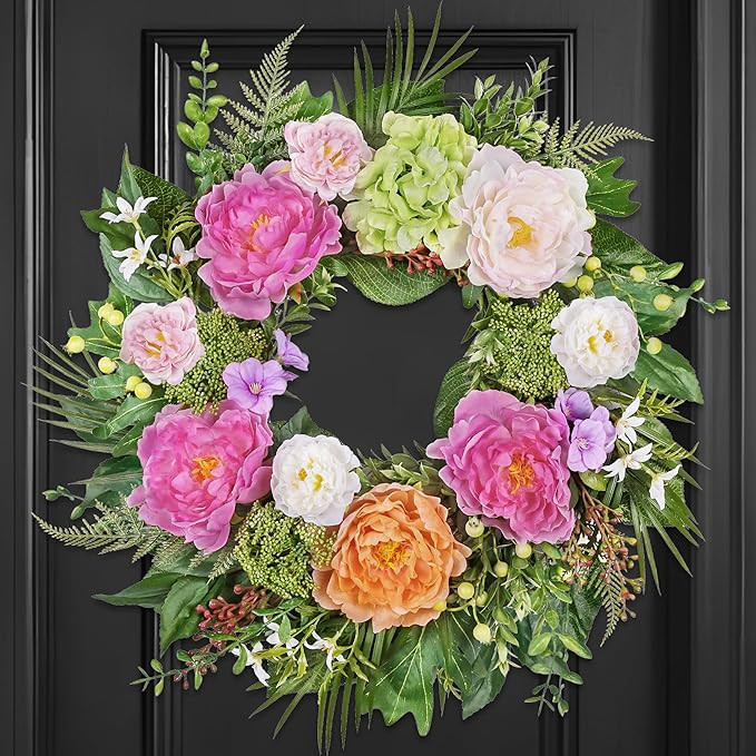 24 Inch Spring Wreaths for Front Door: Realistic Silk Peonies & Hydrangeas with Berry Greenery, F... | Amazon (US)
