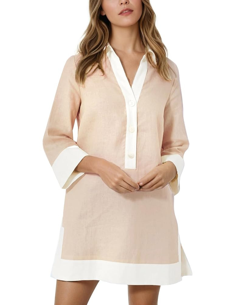 Kedera Women Botton Shirt Dress V Neck Short Sleeves Summer Linen Shift Tunic Dress with Pockets | Amazon (US)