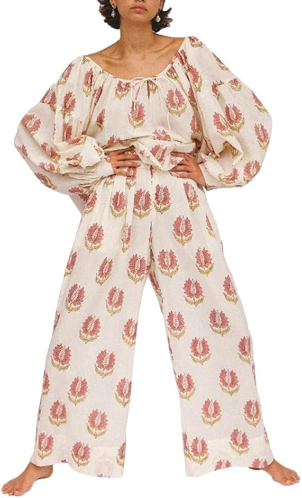 ROAONOCOMO Women Ruffle Pajama Set Long Puff Sleeve Babydoll Shirt Pants Set Gingham 2 Piece Loun... | Amazon (US)