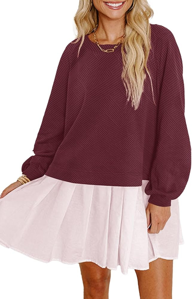 Women’s Crew Neck Sweatshirt Dress 2024 Trendy Fall Long Sleeve Pullover Tops Casual Flowy Patc... | Amazon (US)