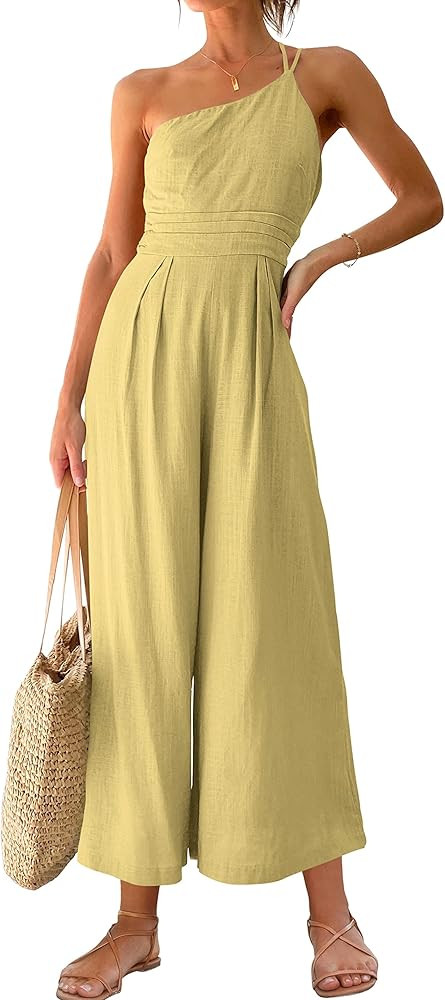 ANRABESS Women's Summer Straps One Shoulder High Waist Casual Wide Leg Linen Jumpsuit Romper with... | Amazon (US)