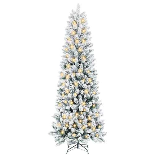 Sweetcrispy 7.5ft Snow Flocked Pencil Christmas Tree, Prelighted Artificial Slim Christmas Trees with 350 Incandescent Lights, 860 Branch Tips & Foldable Base for Home, Office, Party Decoration | Amazon (US)