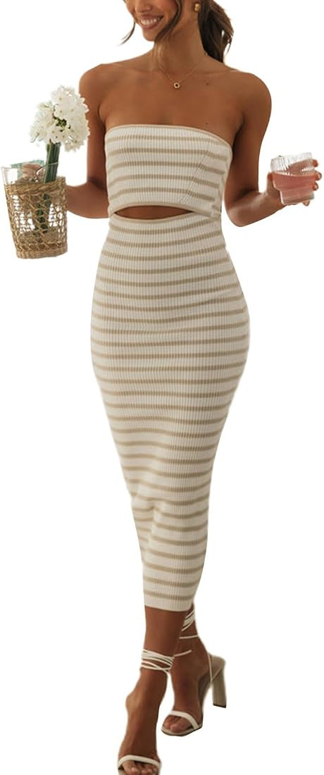 Printed Knit Maxi Long Dress for Women Backless Cutout Stripe Bodycon Tube Dress Going Out Strapl... | Amazon (US)