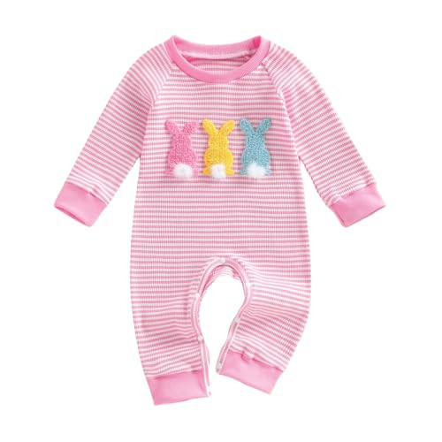 Rourufy Baby Girl Easter Outfit Newborn Waffle Knit Bunny Onesie Infant Rabbit Jumpsuit Long Sleeve Romper Spring Clothes (A Bunny Striped Pink, 3-6 Months) | Amazon (US)