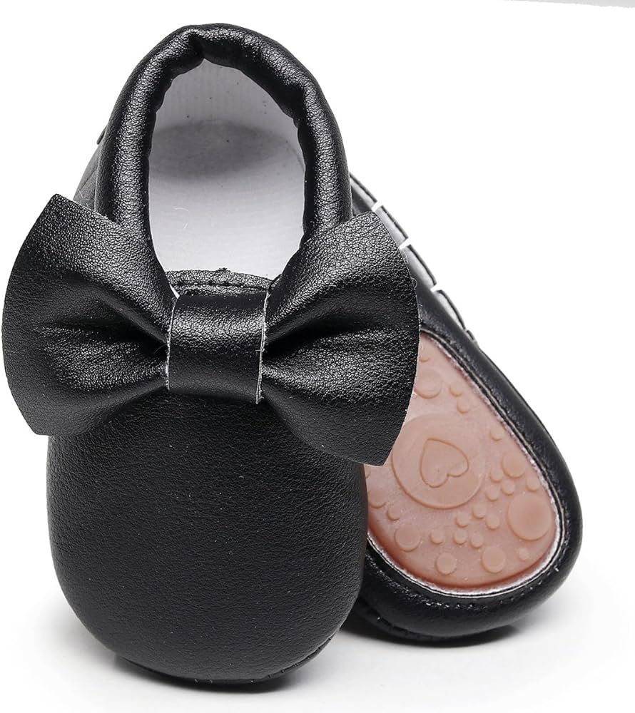 HONGTEYA Baby Moccasins with Rubber Sole&Soft Sole - Flower Print PU Leather Tassel Bow Girls Bal... | Amazon (US)