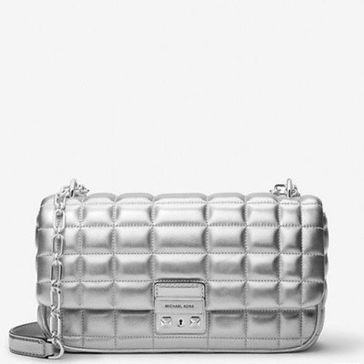 Michael Kors Tribeca Large Metallic Quilted Leather Shoulder Bag Silver | eBay US