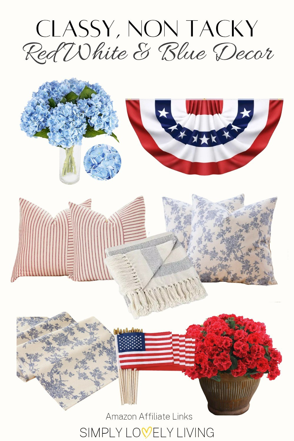 Classy Red White and Blue decor for Memorial Day. Non tacky patriotic decor for 4th of July. Americana. America. Blue hydrangeas. Bunting flag. Blue floral pillow covers. Red and white stripe pillow covers. Blue and white throw blanket. Mini flags. Red flowers. #redwhiteandblue 

#LTKSeasonal #LTKHome