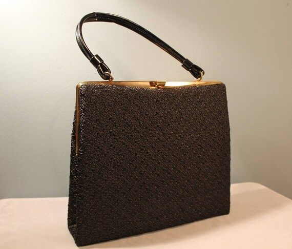 Vintage 1960's-1970's Black Clasp Top Handle Handbag Purse with Gold Accents | Etsy (US)