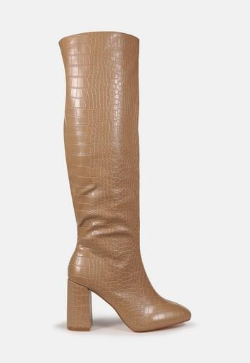 Mocha Croc Block Heel Knee High Boots | Missguided (US & CA)