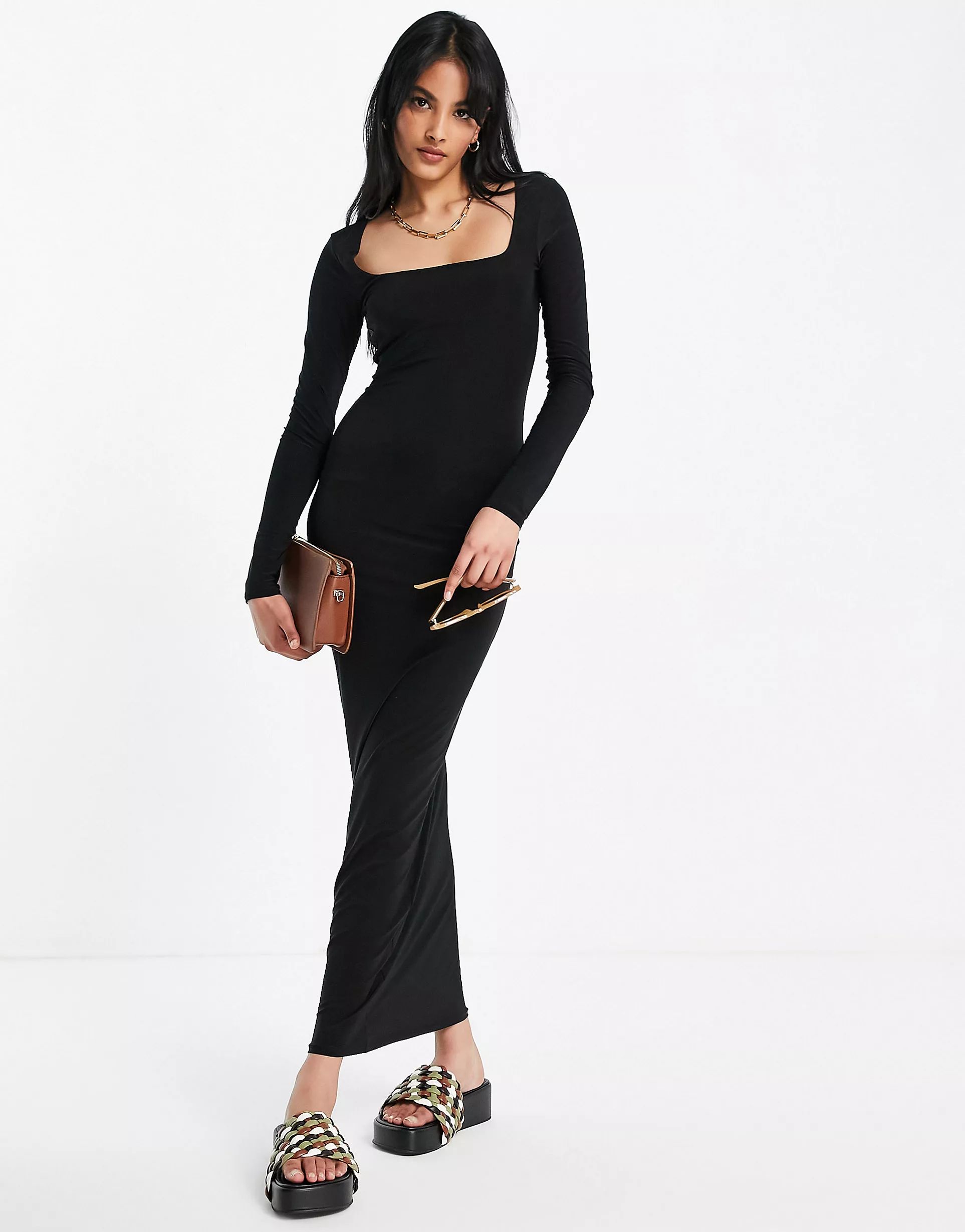 ASOS DESIGN square neck slinky maxi dress in black | ASOS (Global)
