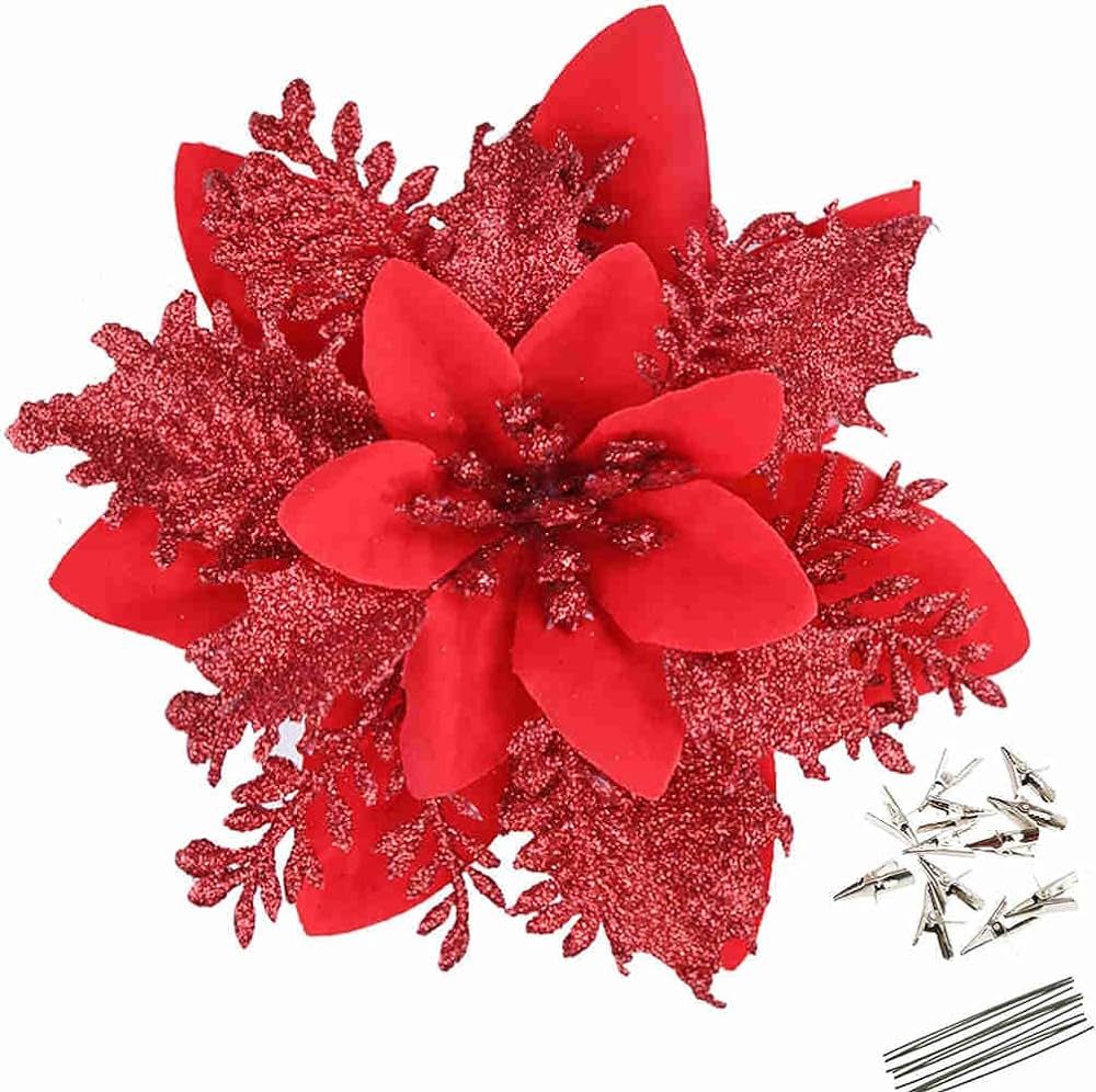 GREENTIME 12 Pcs Glitter Poinsettia 5.5" Artificial Flowers Christmas with Clips Stems Xmas Tree ... | Amazon (US)