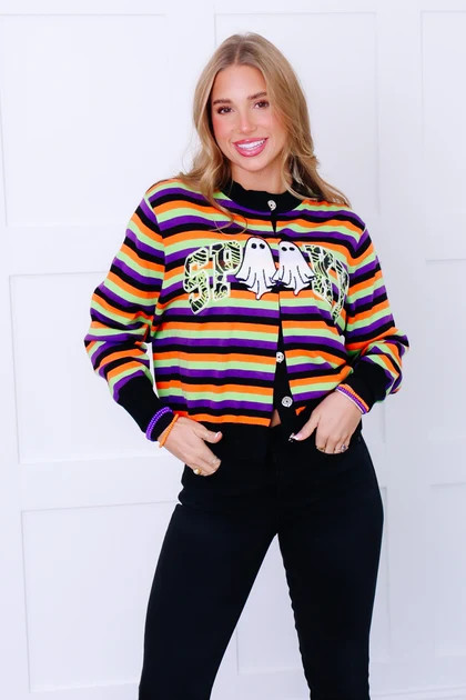 Queen Of Sparkles Striped Spooky Button Up Long Sleeve Cardigan | The Willow Tree