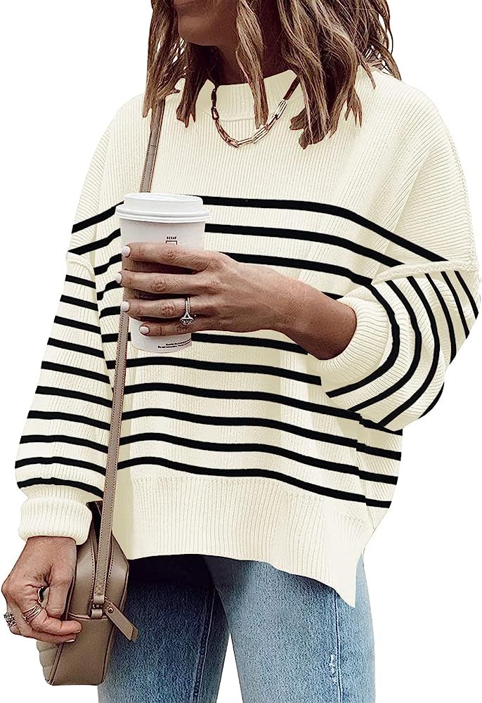 ETCYY Oversized Sweaters for Women Fall 2022 Trendy Crewneck Batwing Long Sleeve Knit Tops Side Slit | Amazon (US)