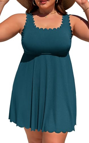 Charmo Women Plus Size Swim Dress Scalloped Square Neck One Piece Swimsuit Tummy Control Bathing ... | Amazon (US)