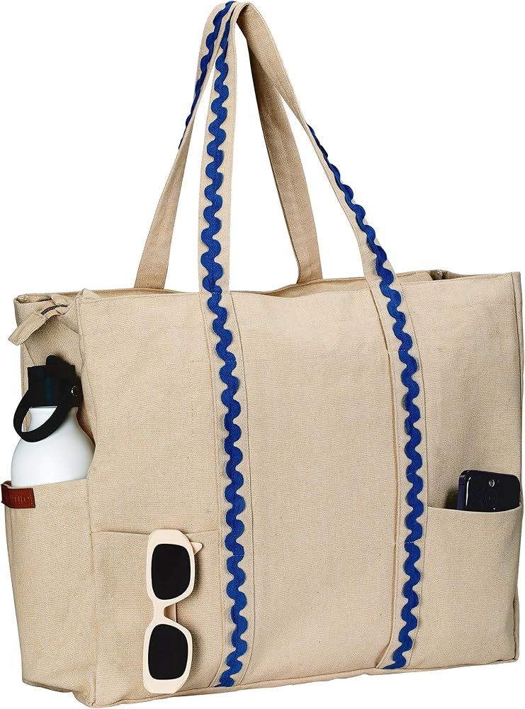 Folkulture Beach Bag For Women | Water Resistant | 17.5"x15" Travel Bag With Zipper | Large Aesth... | Amazon (US)