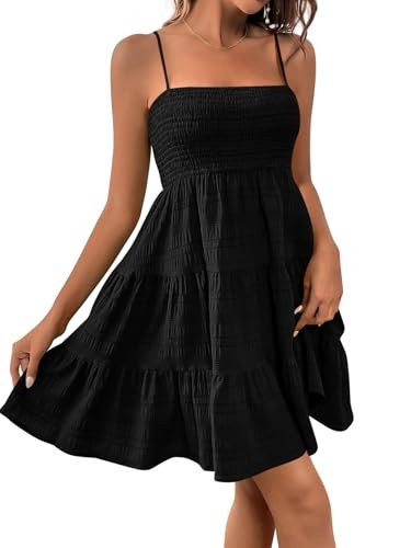 CFLONGE Womens Sleeveless Smocked Mini Dress Flowy Cute Summer Dresses Boho Spaghetti Strap Tiered A Line Casual Sundress(Black,Small) | Amazon (US)