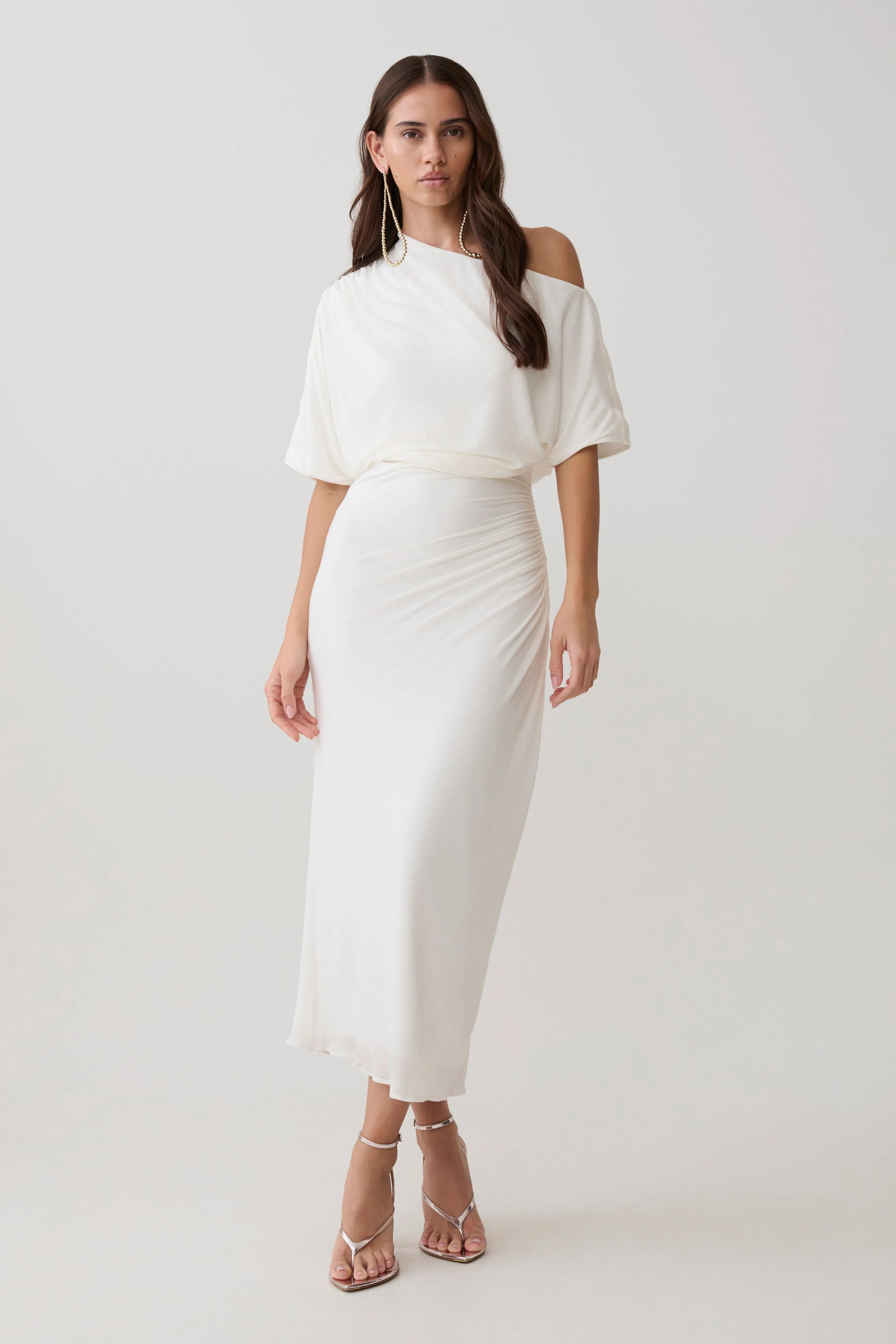 Alva Wool Lyocell Draped Midi Dress - White | MESHKI US